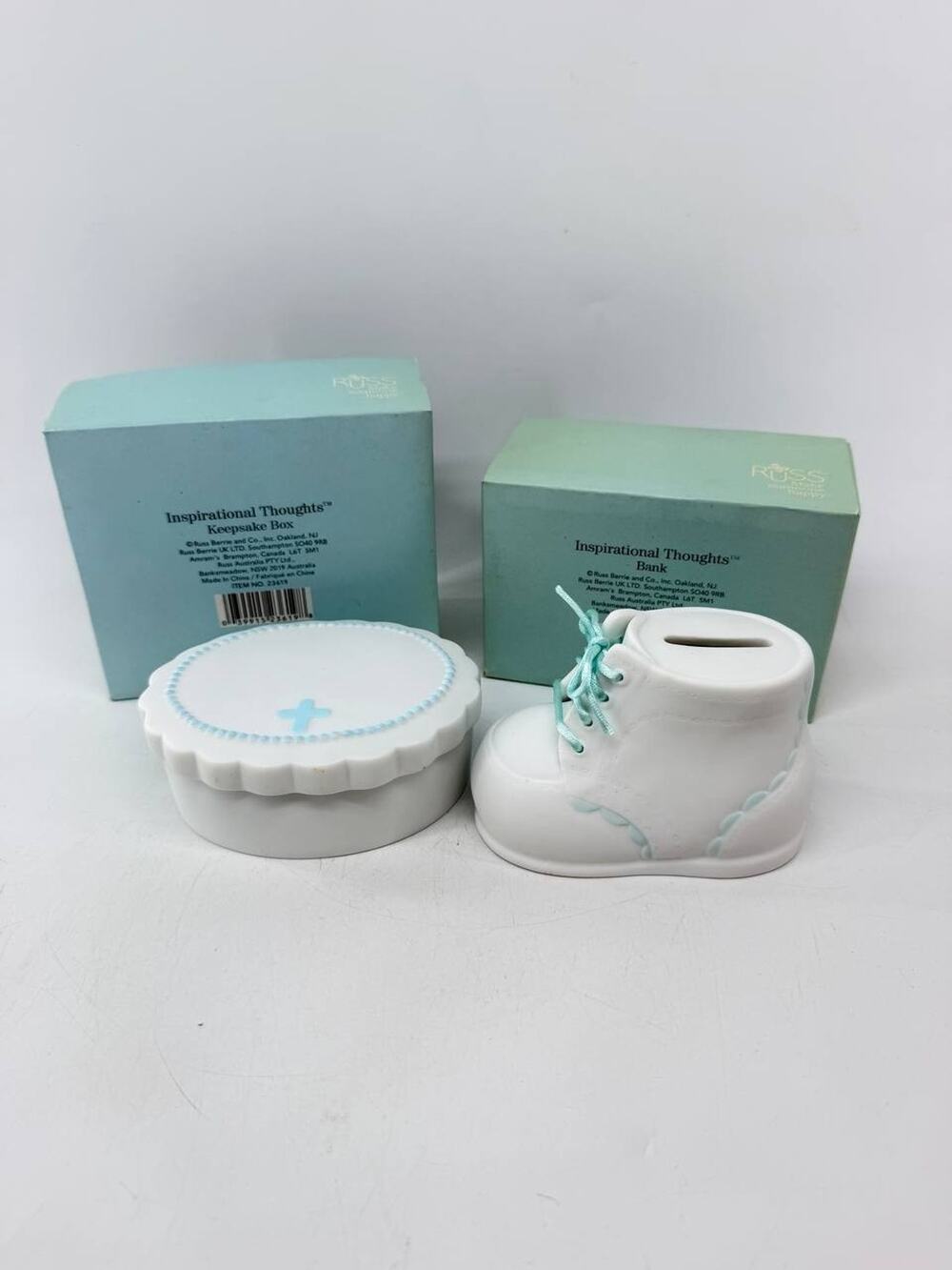 Russ Berrie Inspirational Thoughts Baby Shoe Bank Keepsake Box Ceramic New